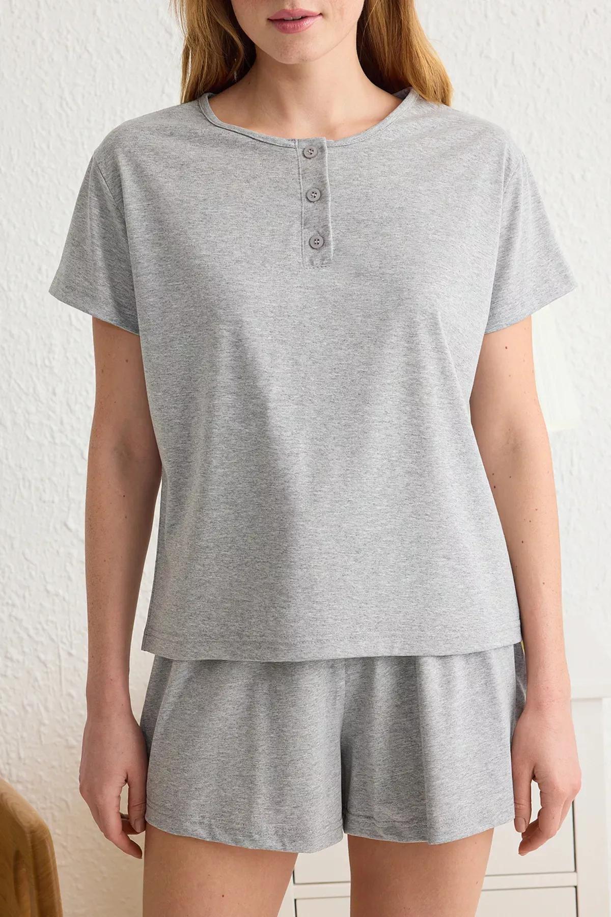 Grey Button Detailed Pajama Set, , large image number 2