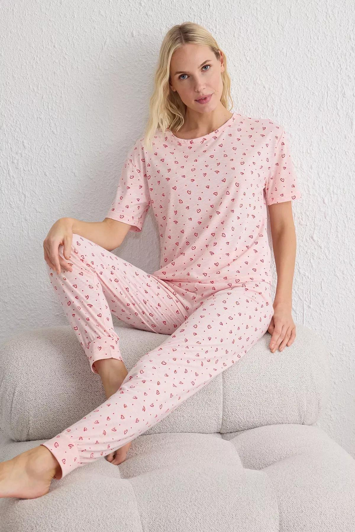 Pink Heart Knit Pajama Set, Pink, large image number 0