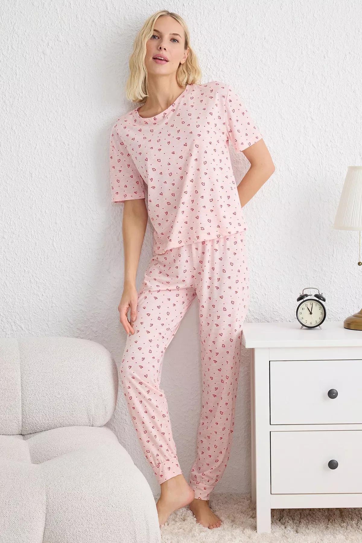Pink Heart Knit Pajama Set, Pink, large image number 1