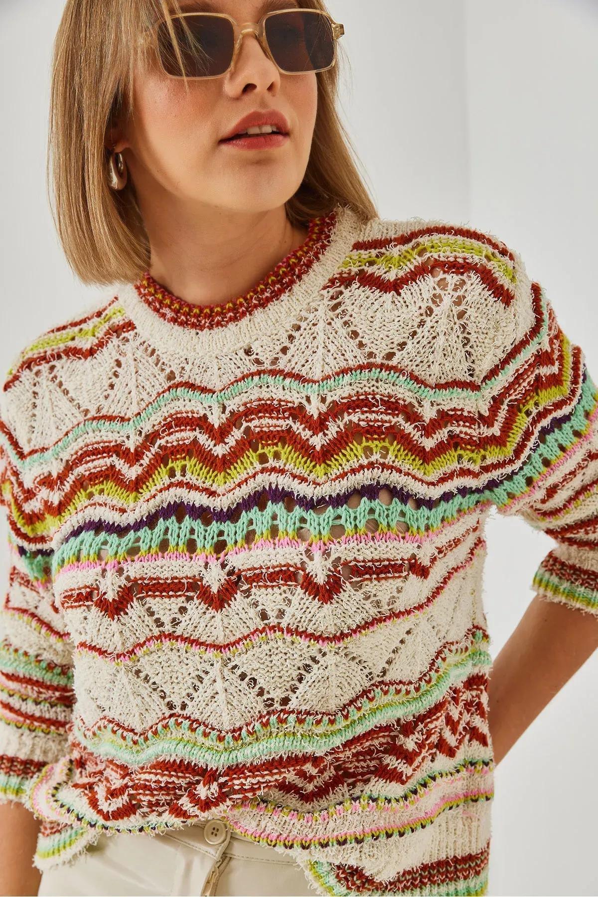 Womens Multi Patterned Knitwear Sweater 20246233, Ecru, large image number 0