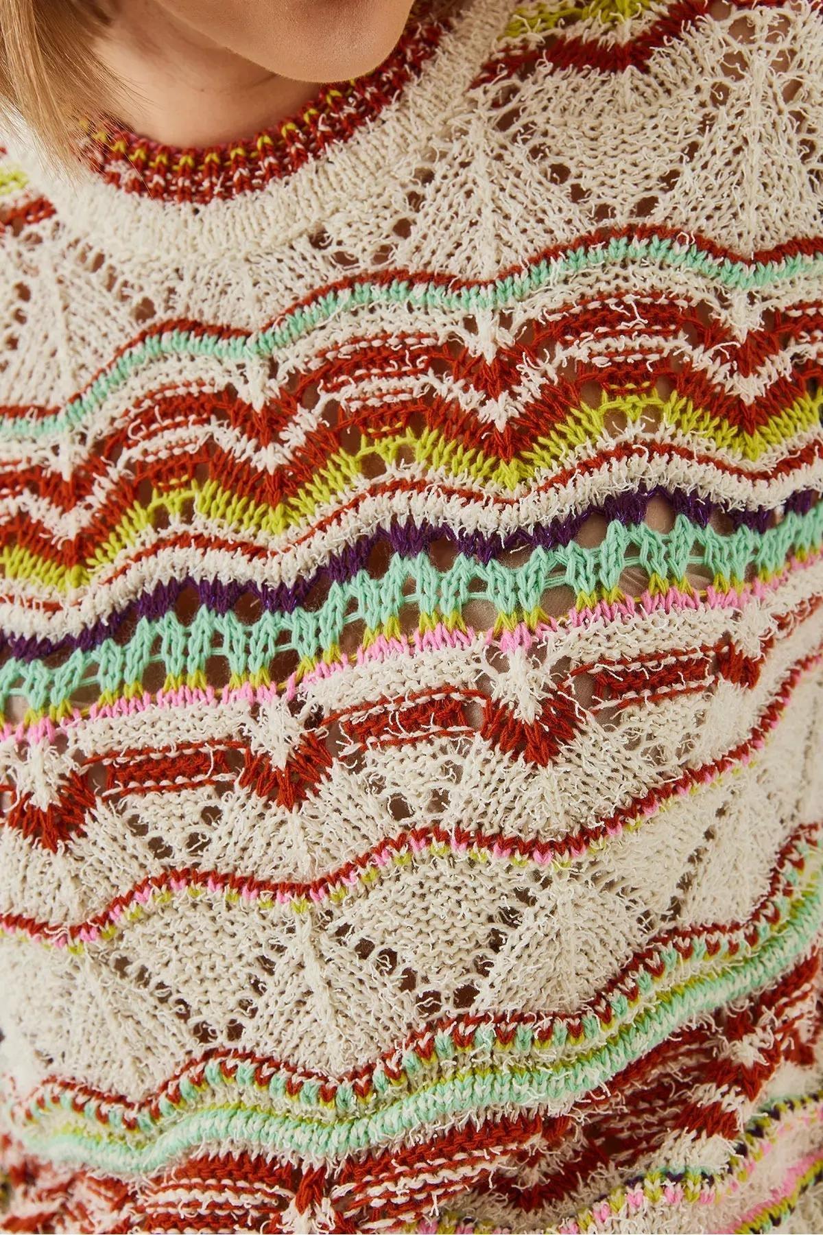 Womens Multi Patterned Knitwear Sweater 20246233, Ecru, large image number 1