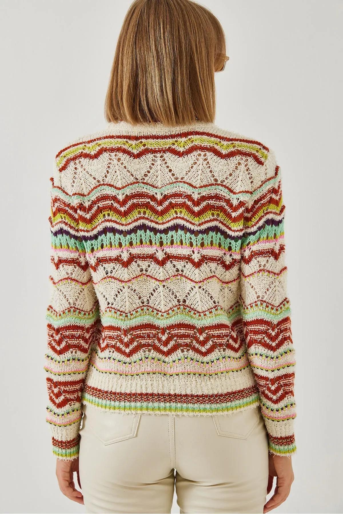 Womens Multi Patterned Knitwear Sweater 20246233, Ecru, large image number 2