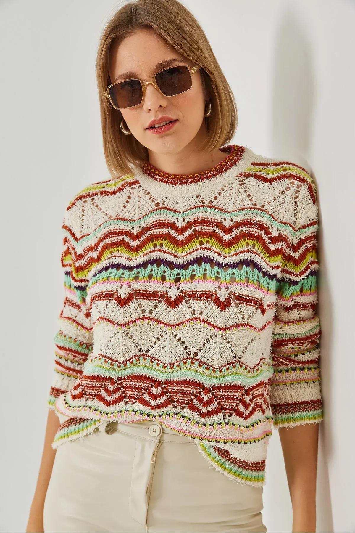 Womens Multi Patterned Knitwear Sweater 20246233, Ecru, large image number 3