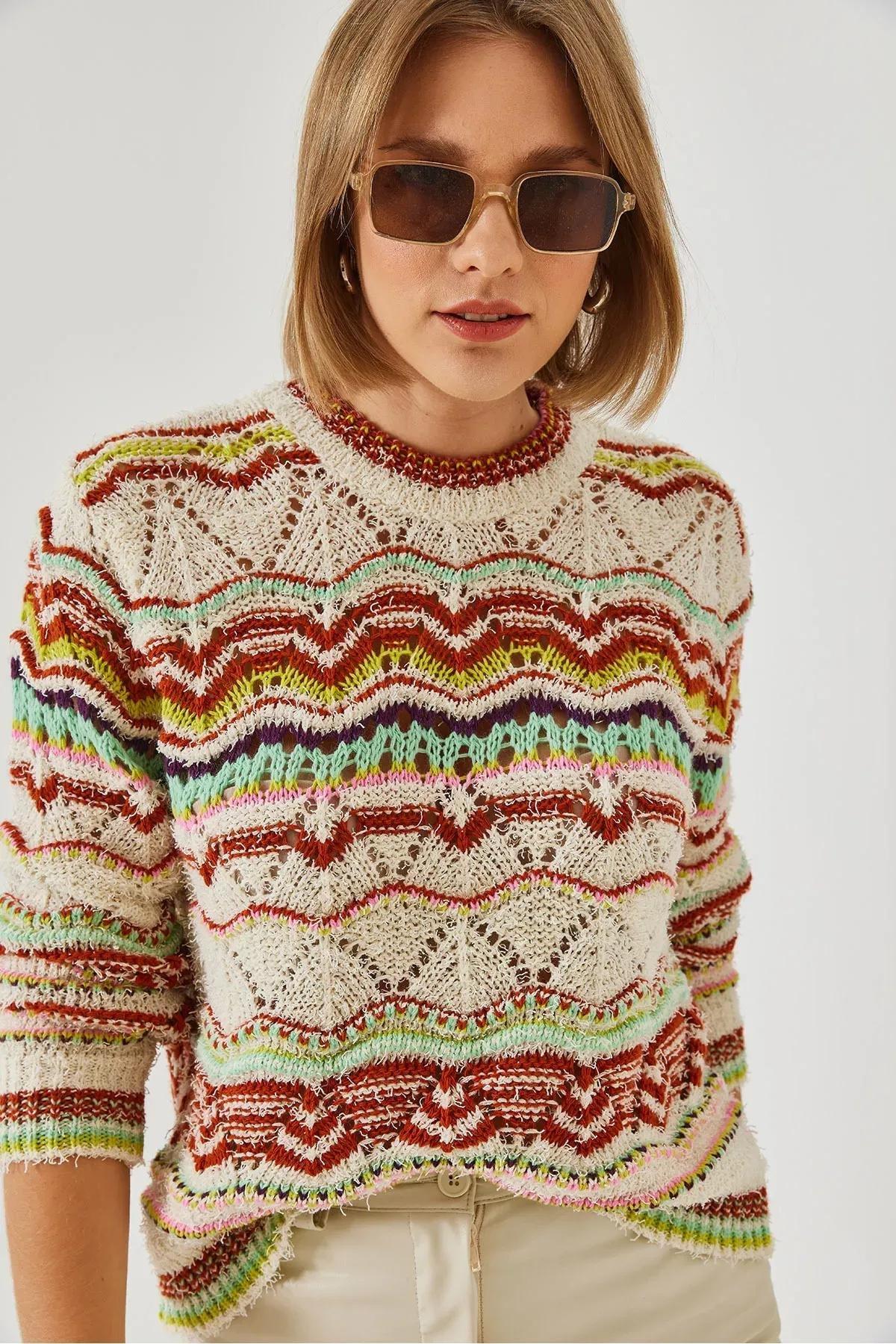 Womens Multi Patterned Knitwear Sweater 20246233, Ecru, large image number 4