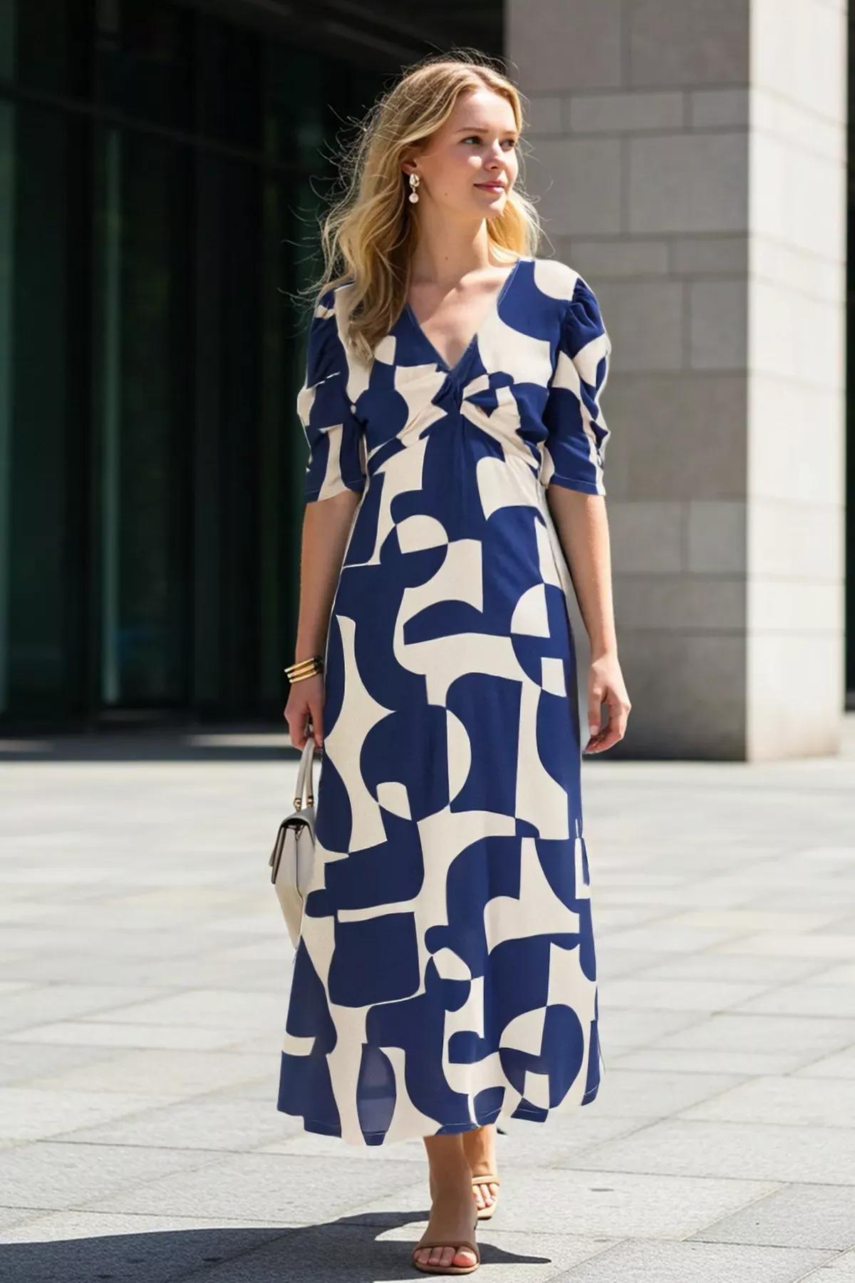 فستان متوسط الطول منسوج بنمط منقوش، كحلي, Navy blue, large image number 1