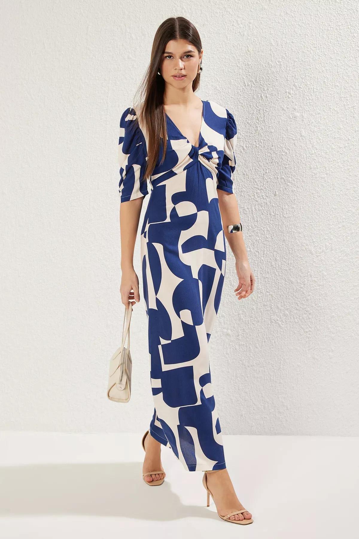 فستان متوسط الطول منسوج بنمط منقوش، كحلي, Navy blue, large image number 2