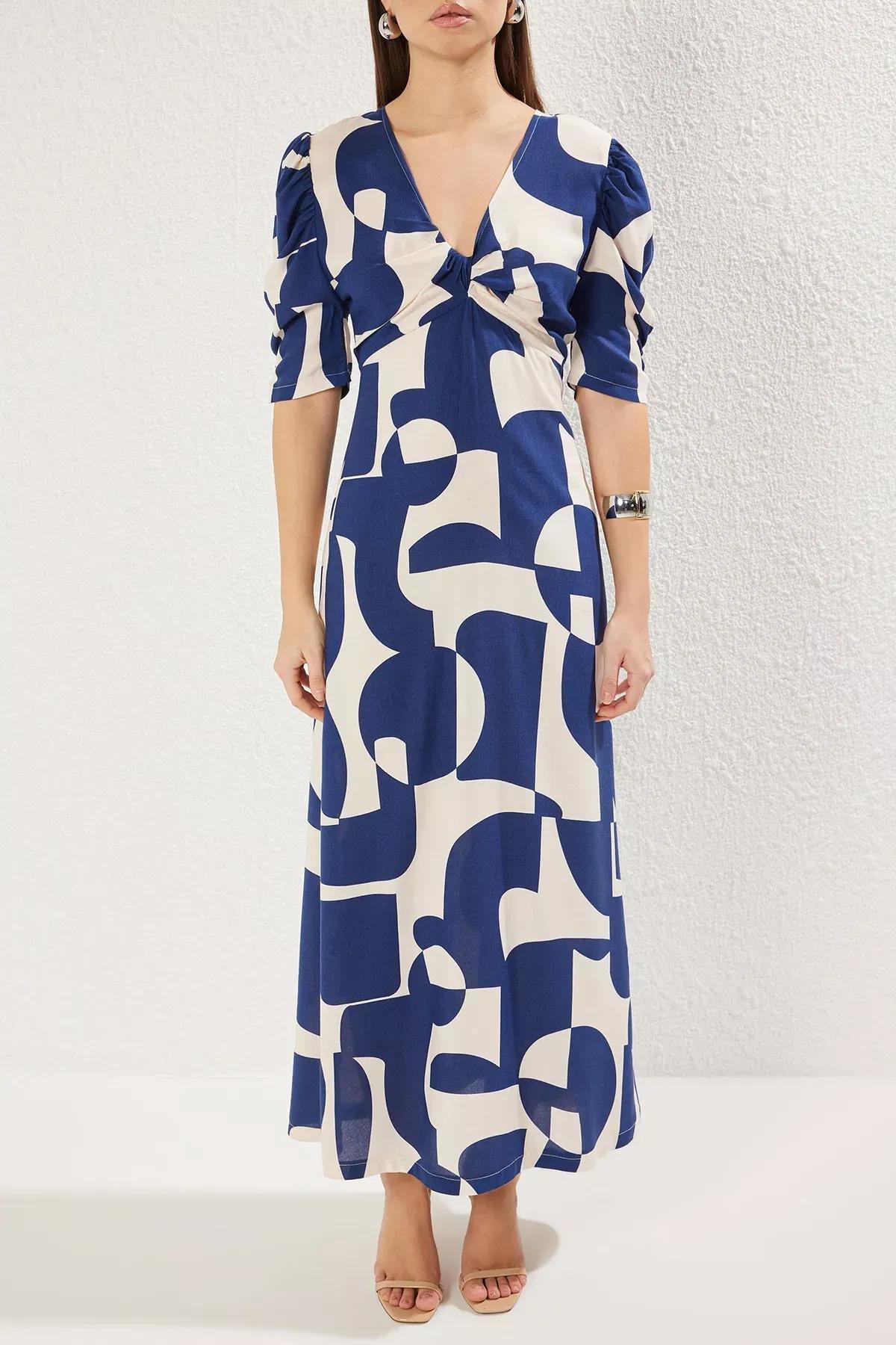 فستان متوسط الطول منسوج بنمط منقوش، كحلي, Navy blue, large image number 3