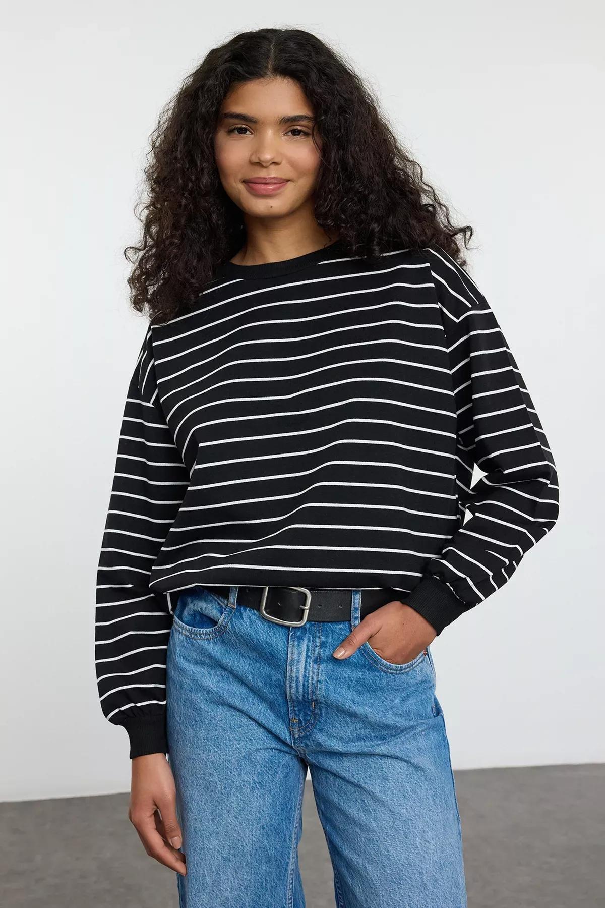 Black Striped Crew-Neck Sweatshirt, BLACK, large image number 1