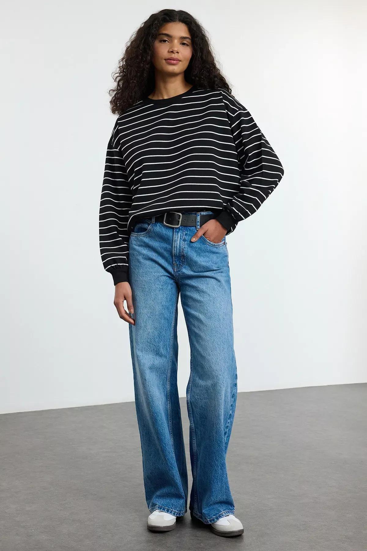 Black Striped Crew-Neck Sweatshirt, BLACK, medium