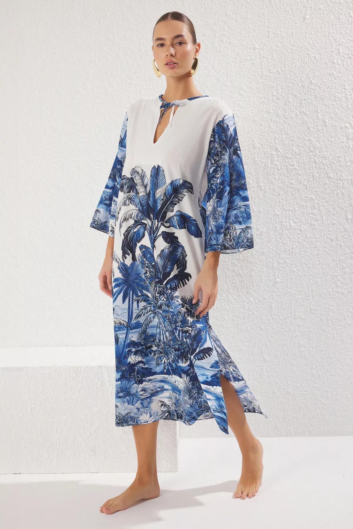 Blue Tropical Patterned Maxi Dress, White-Multicolor, large image number 0