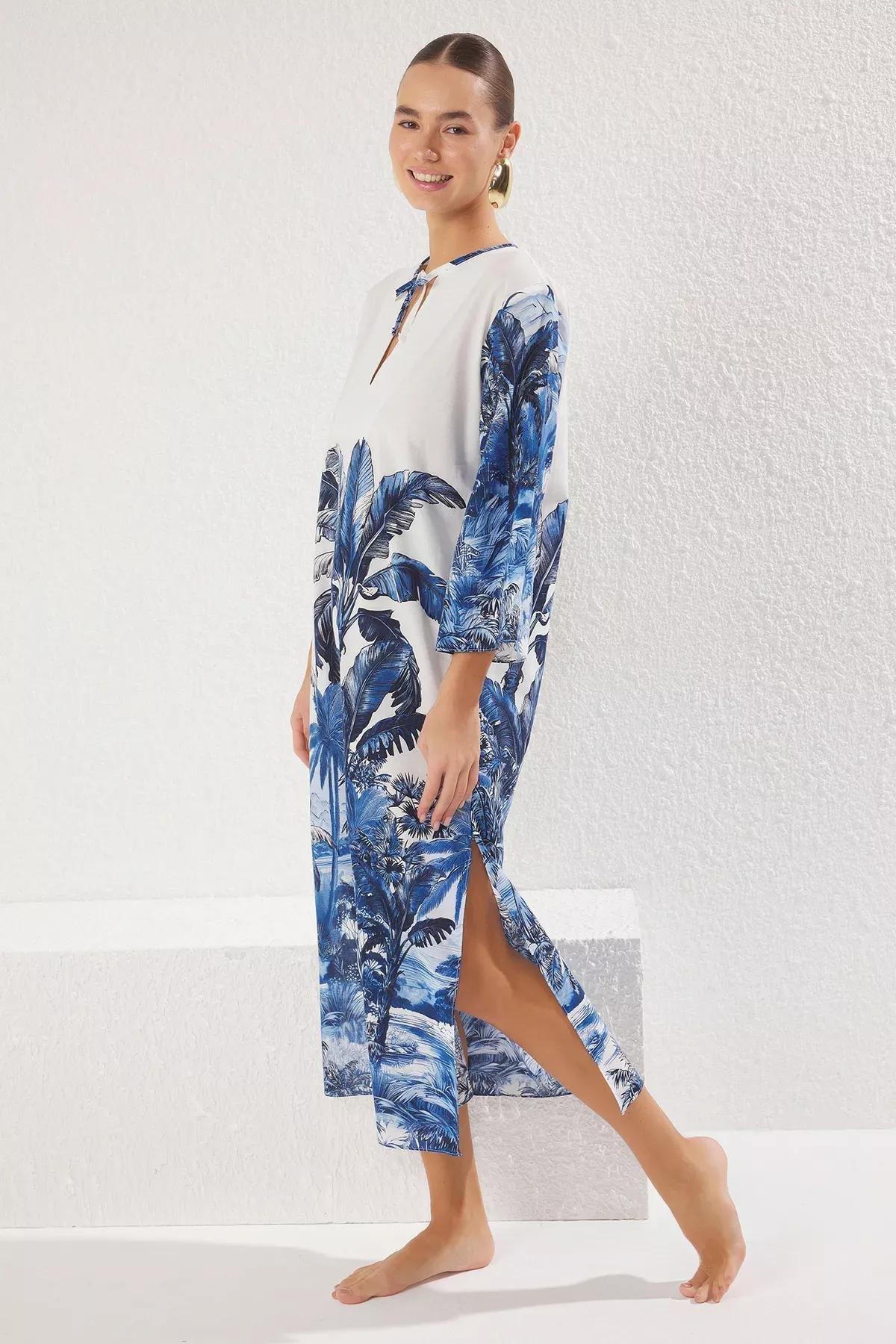 Blue Tropical Patterned Maxi Dress, White-Multicolor, large image number 1