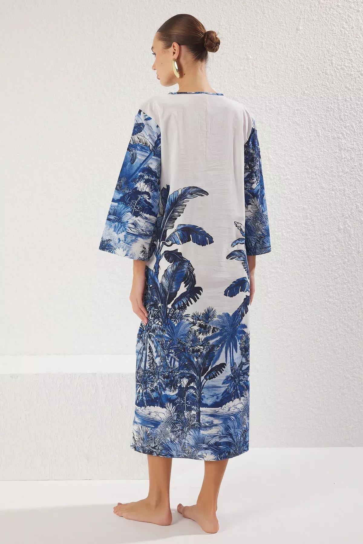Blue Tropical Patterned Maxi Dress, White-Multicolor, large image number 3