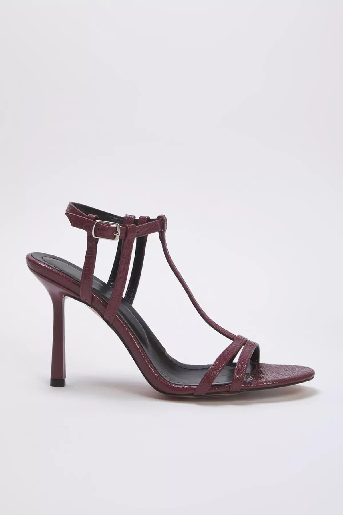 Burgundy T-Strap Round Heel Sandals, Burgundy, medium