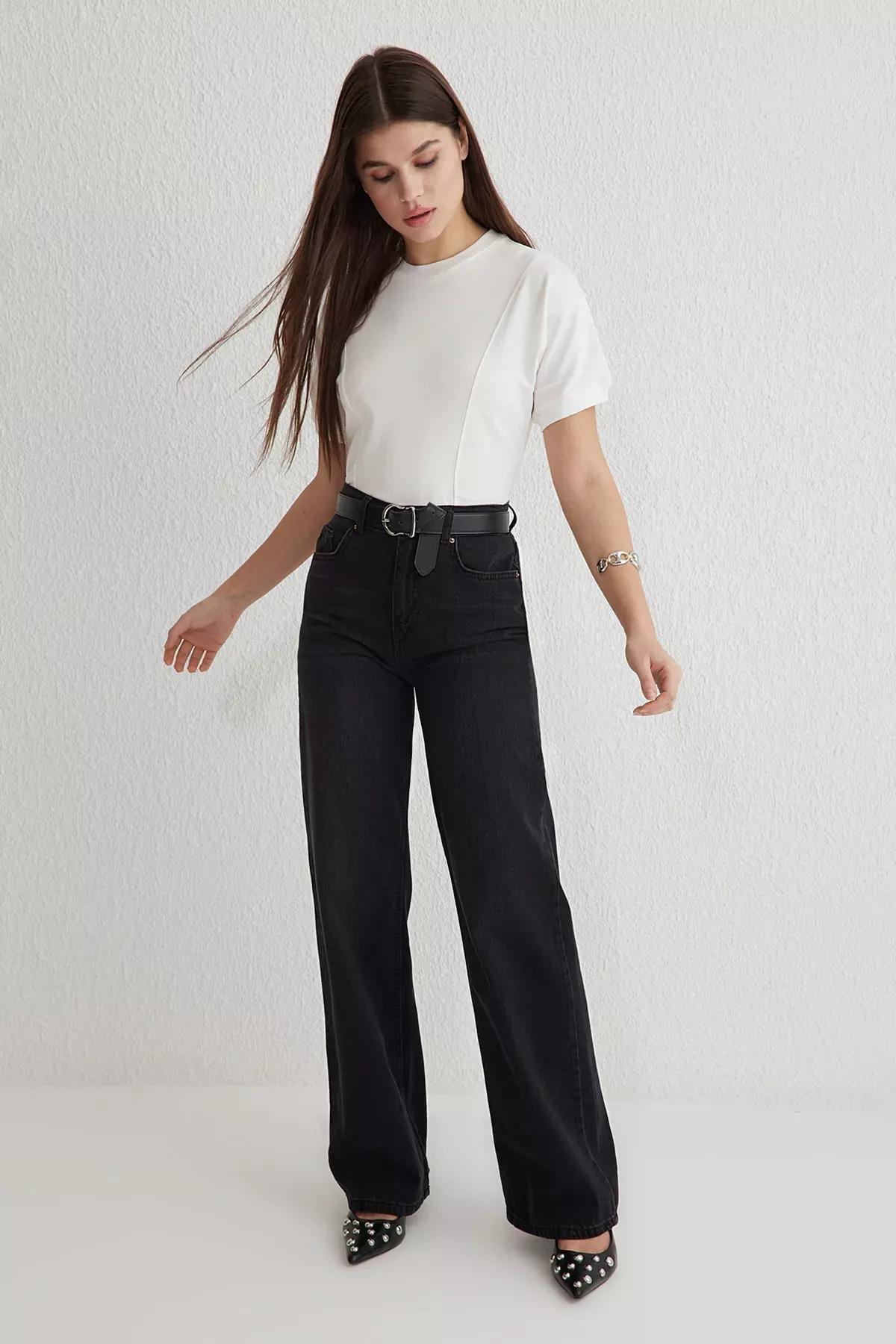 Black Wide Leg High-Waist Jeans, BLACK, large image number 0