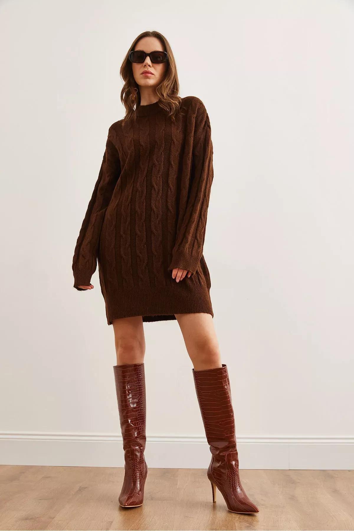 Brown Hair Braided Knitwear Tunic Dress, BITTER COFFEE, large image number 1