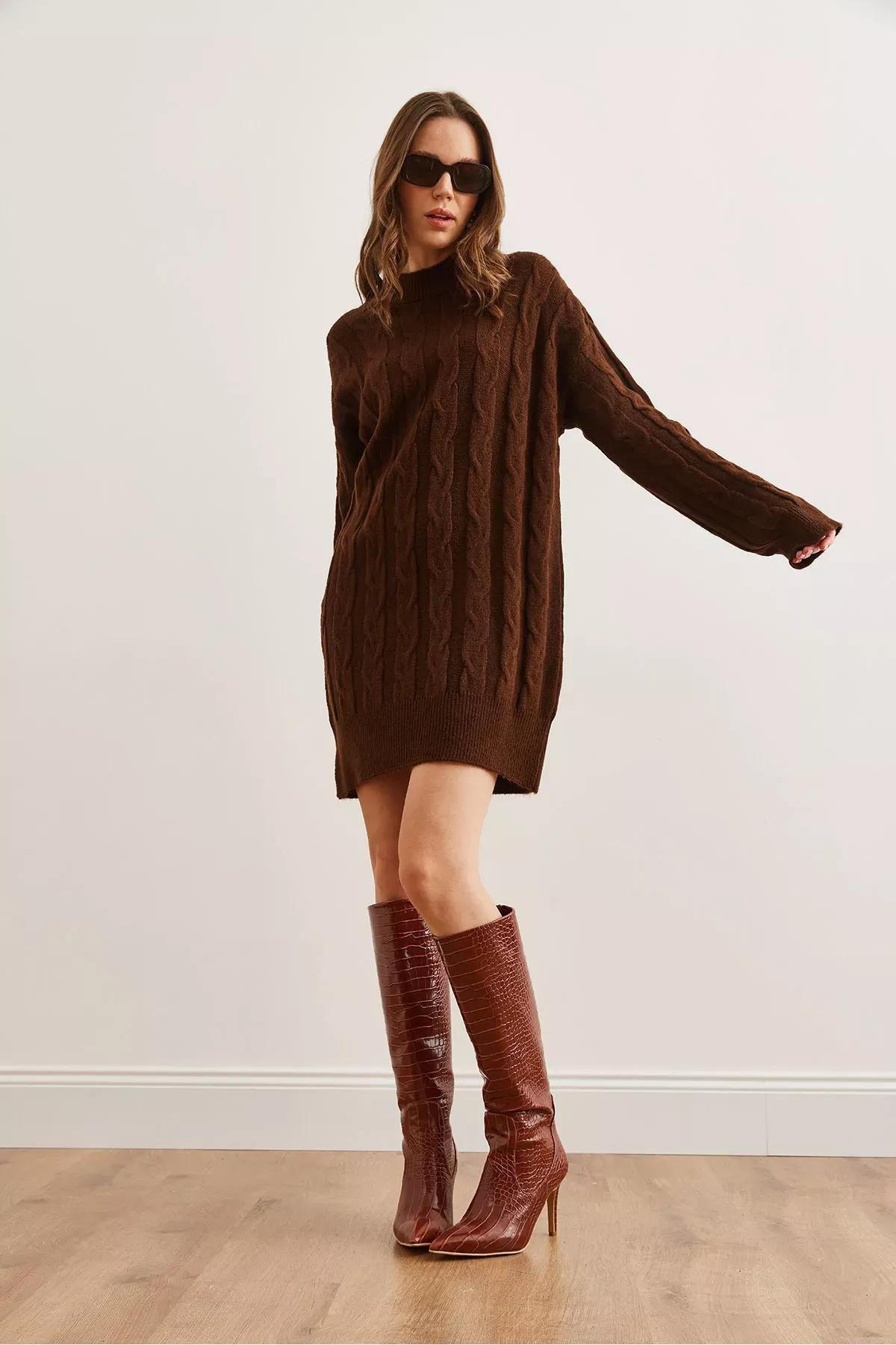 Brown Hair Braided Knitwear Tunic Dress, BITTER COFFEE, large image number 2