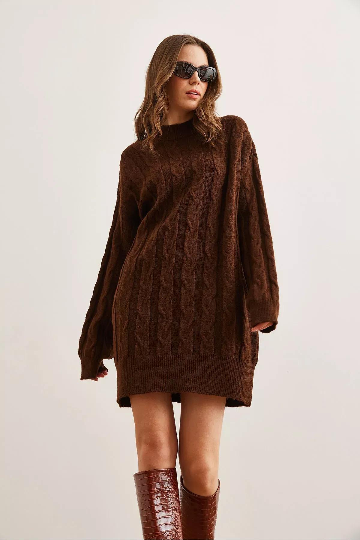 Brown Hair Braided Knitwear Tunic Dress, BITTER COFFEE, large image number 3
