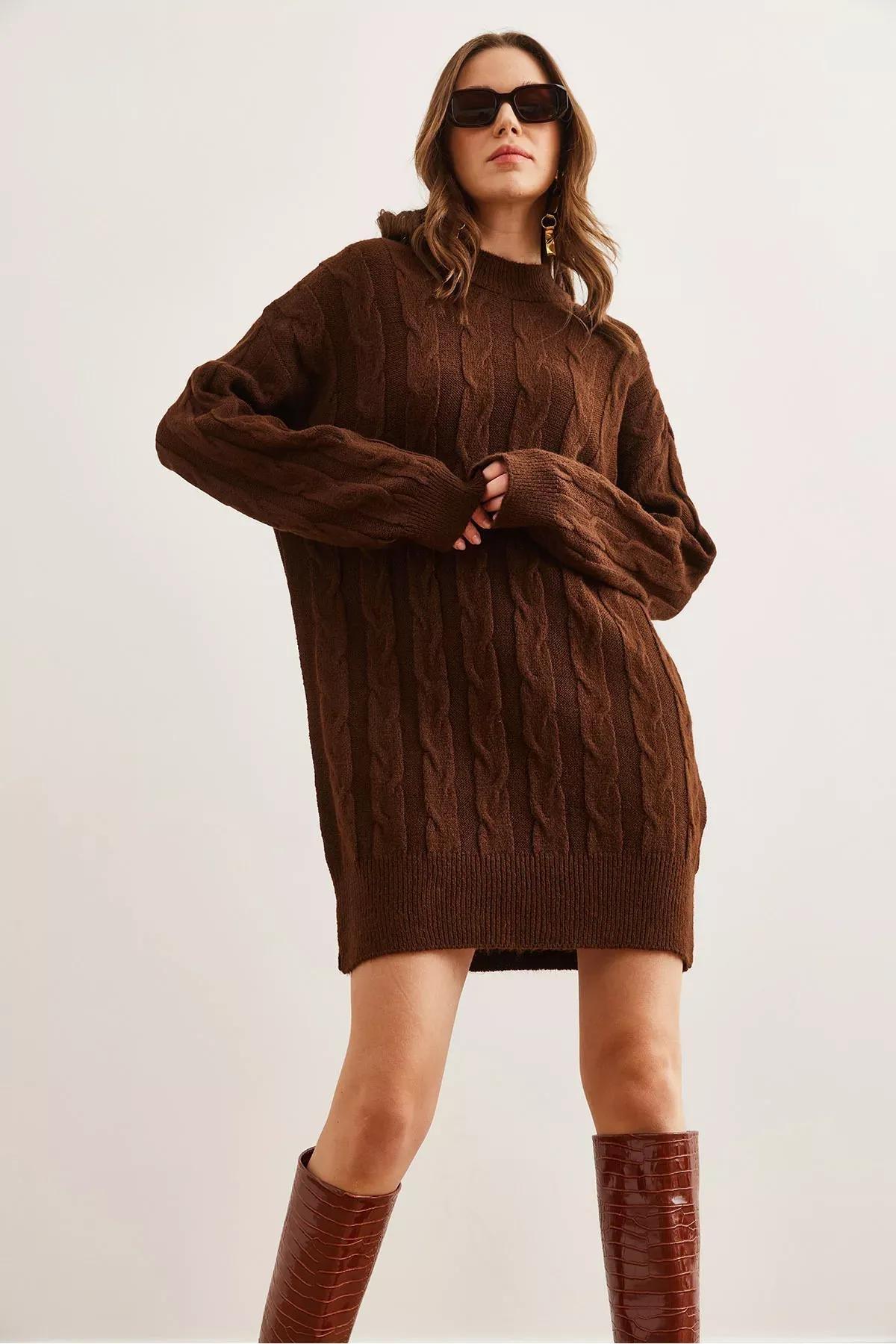 Brown Hair Braided Knitwear Tunic Dress, BITTER COFFEE, large image number 4