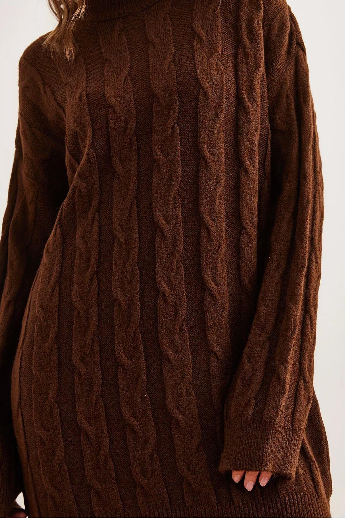 Brown Hair Braided Knitwear Tunic Dress, BITTER COFFEE, large image number 5