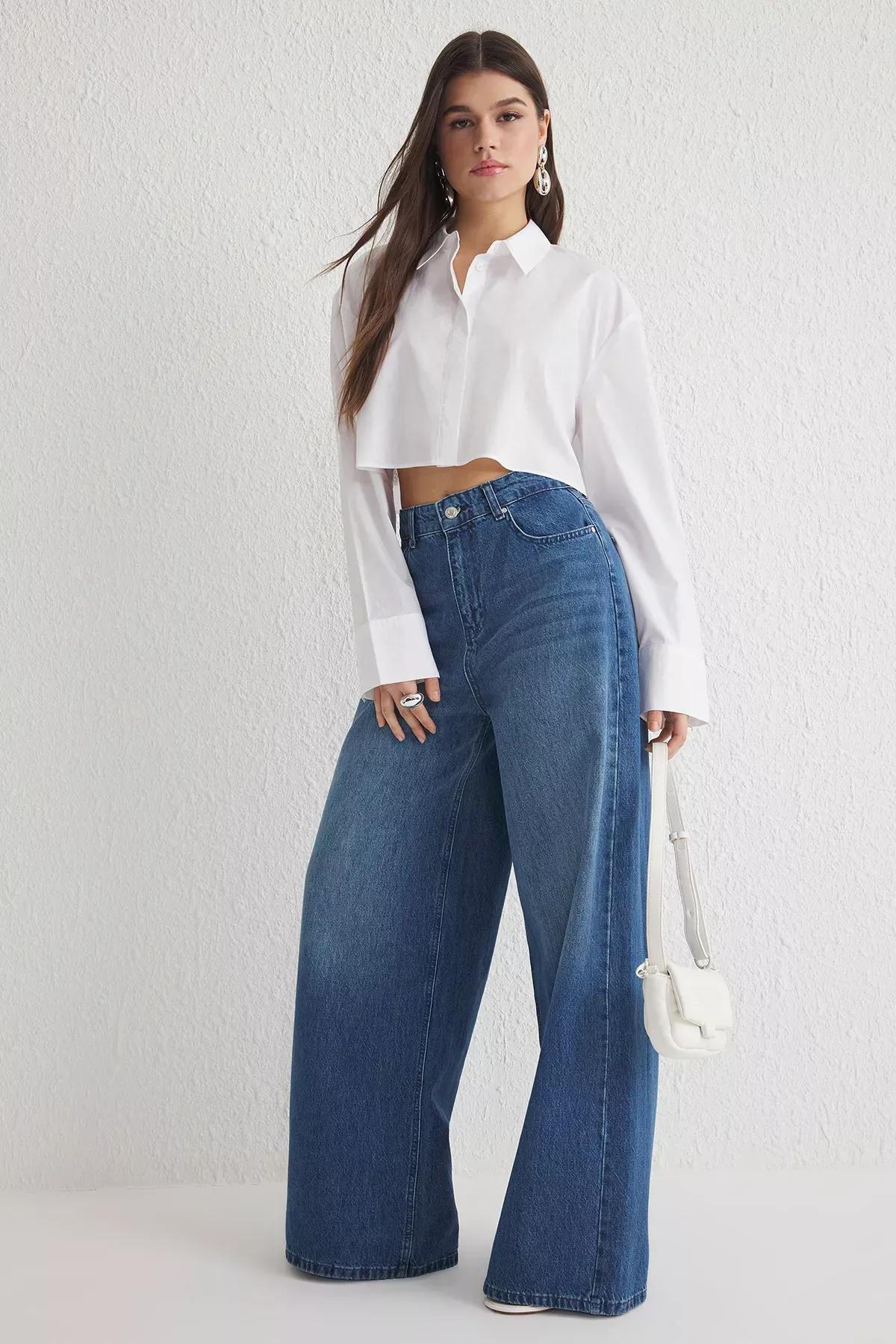 Blue Extra Wide Palazzo Jeans, , large image number 0