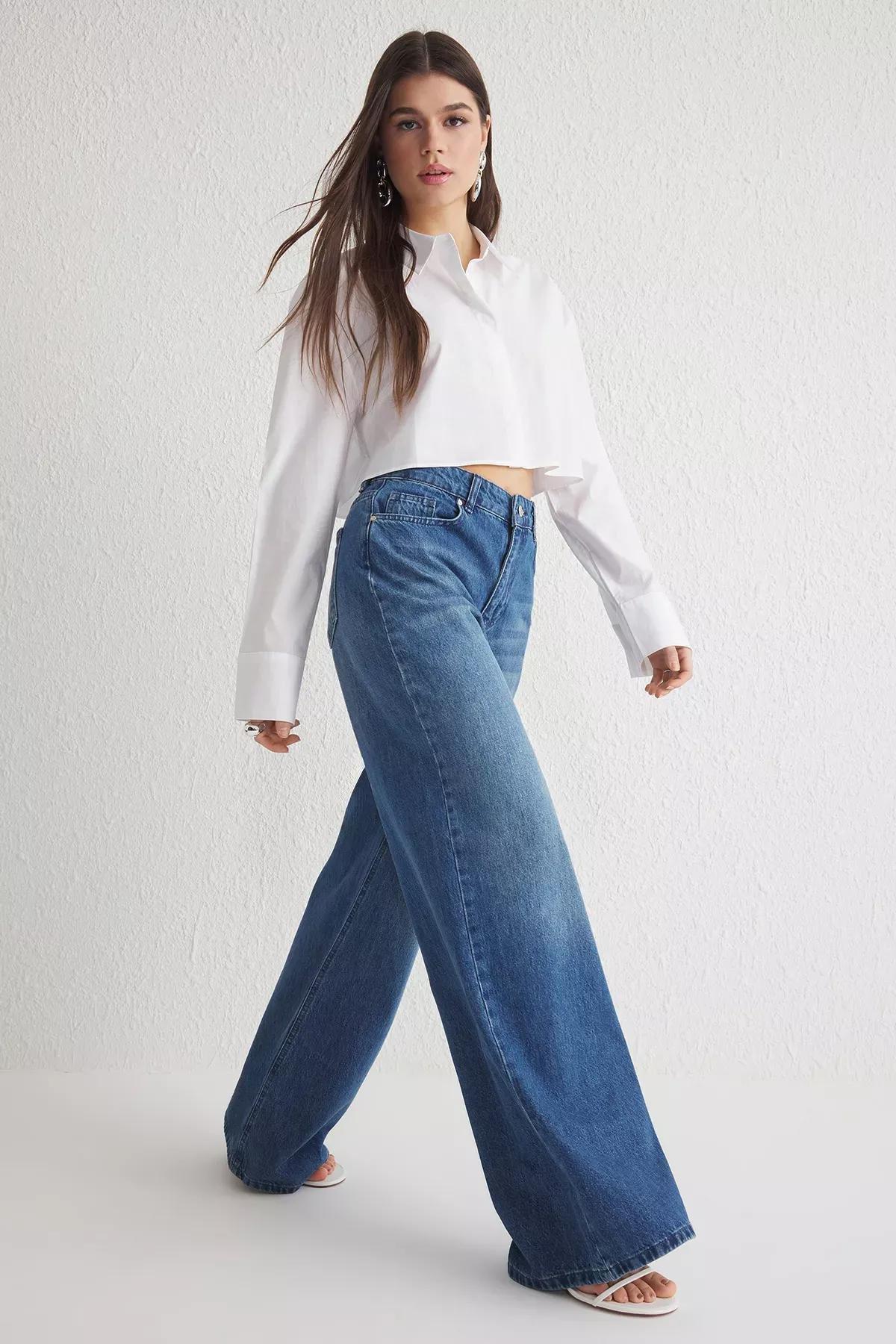 Blue Extra Wide Palazzo Jeans, , large image number 1