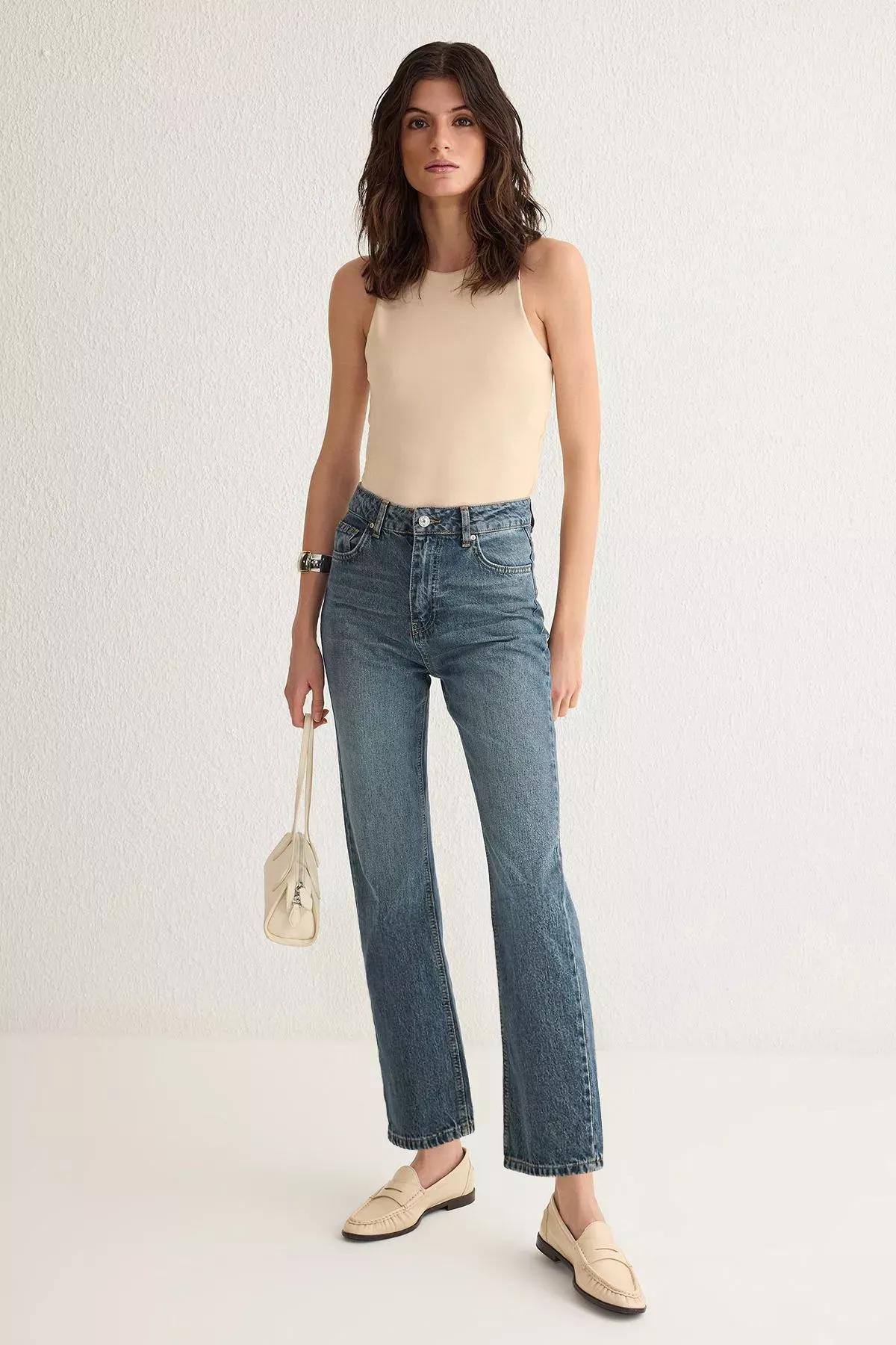 Blue High-Waist Straight Jeans, Blue, large image number 0