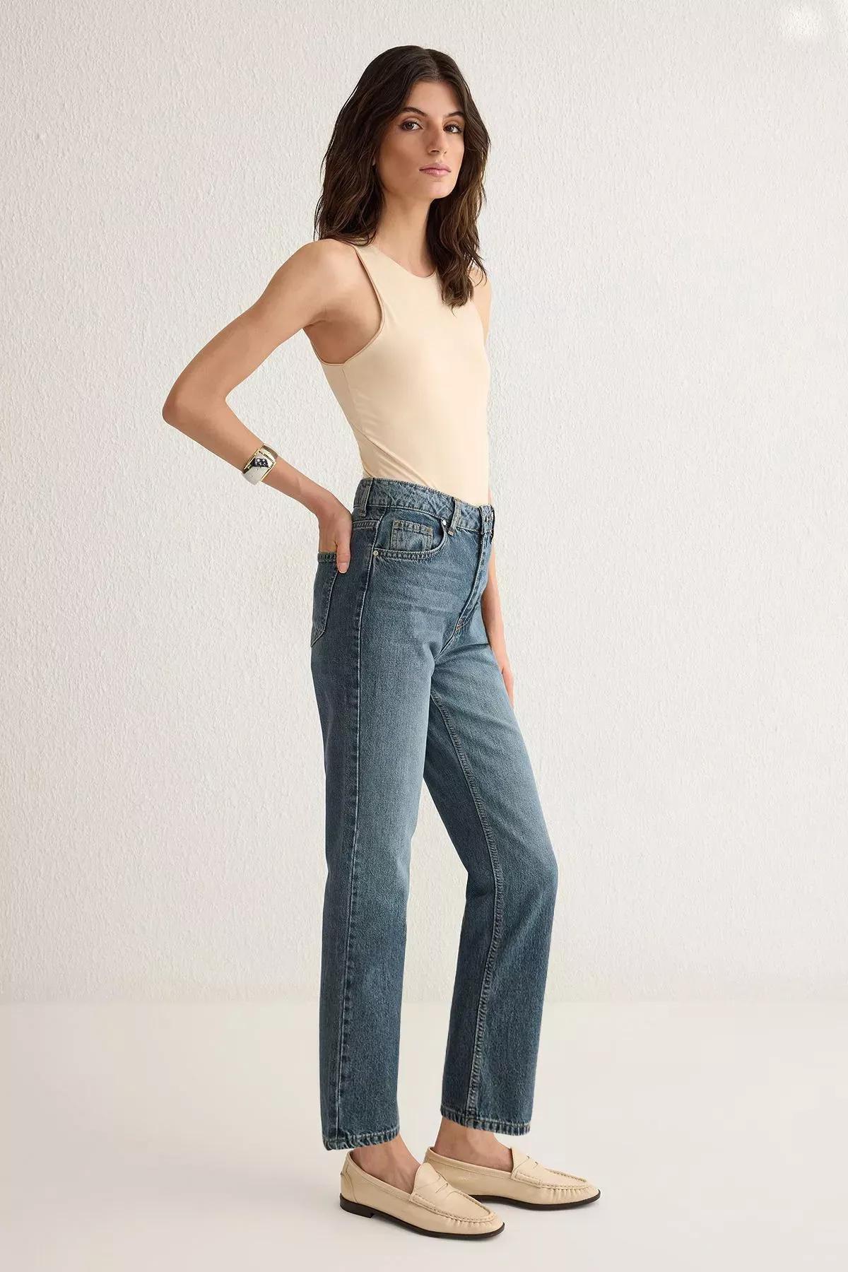 Blue High-Waist Straight Jeans, Blue, large image number 1