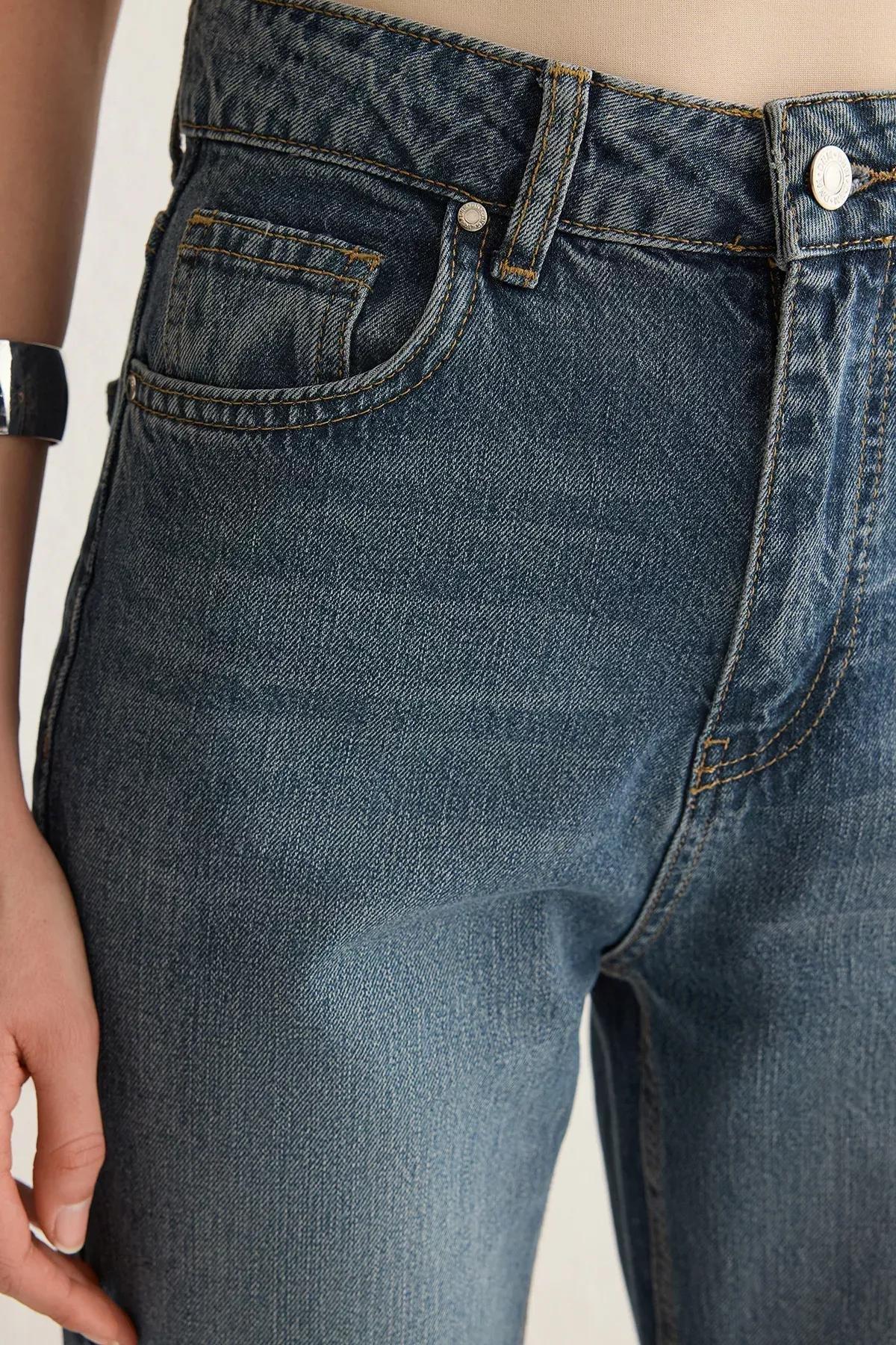 Blue High-Waist Straight Jeans, Blue, large image number 3