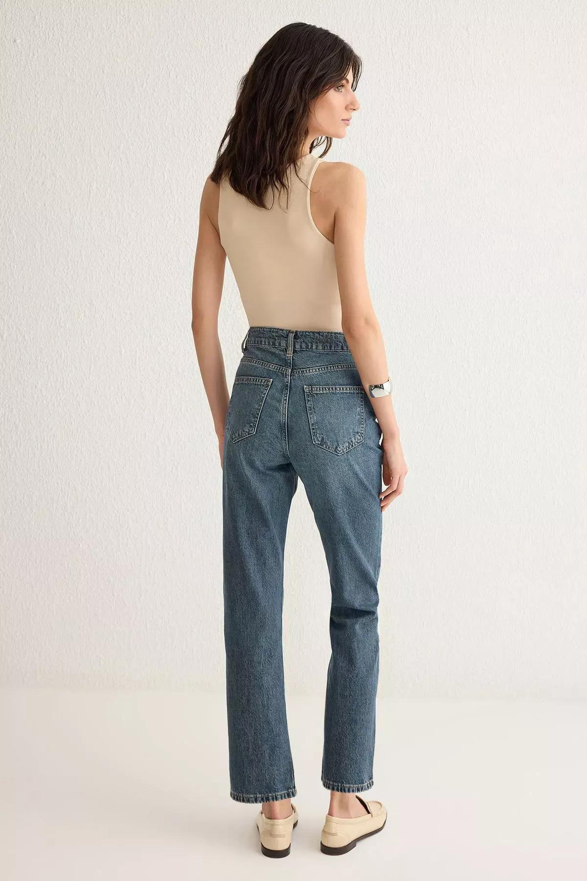 Blue High-Waist Straight Jeans, Blue, large image number 4