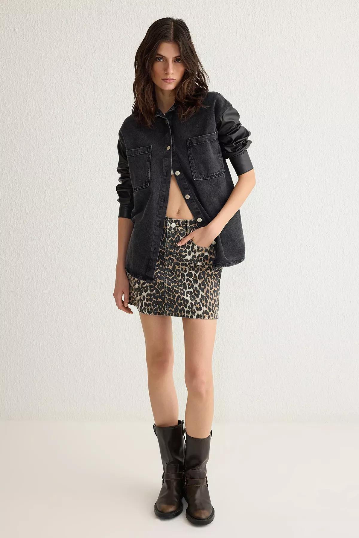 Brown Leopard Patterned Mini Skirt, , large image number 0