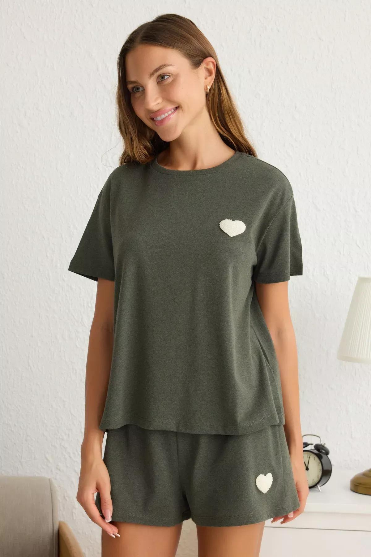 Green Heart Patch Knit Pajama Set, Khaki, large image number 1