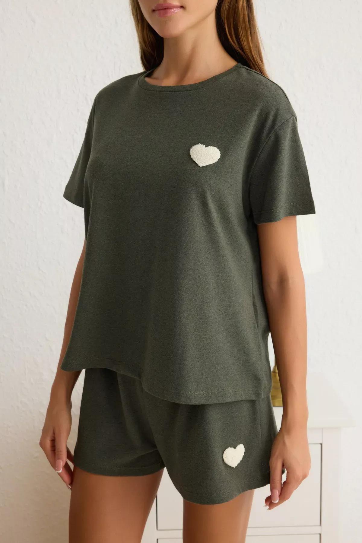Green Heart Patch Knit Pajama Set, Khaki, large image number 2