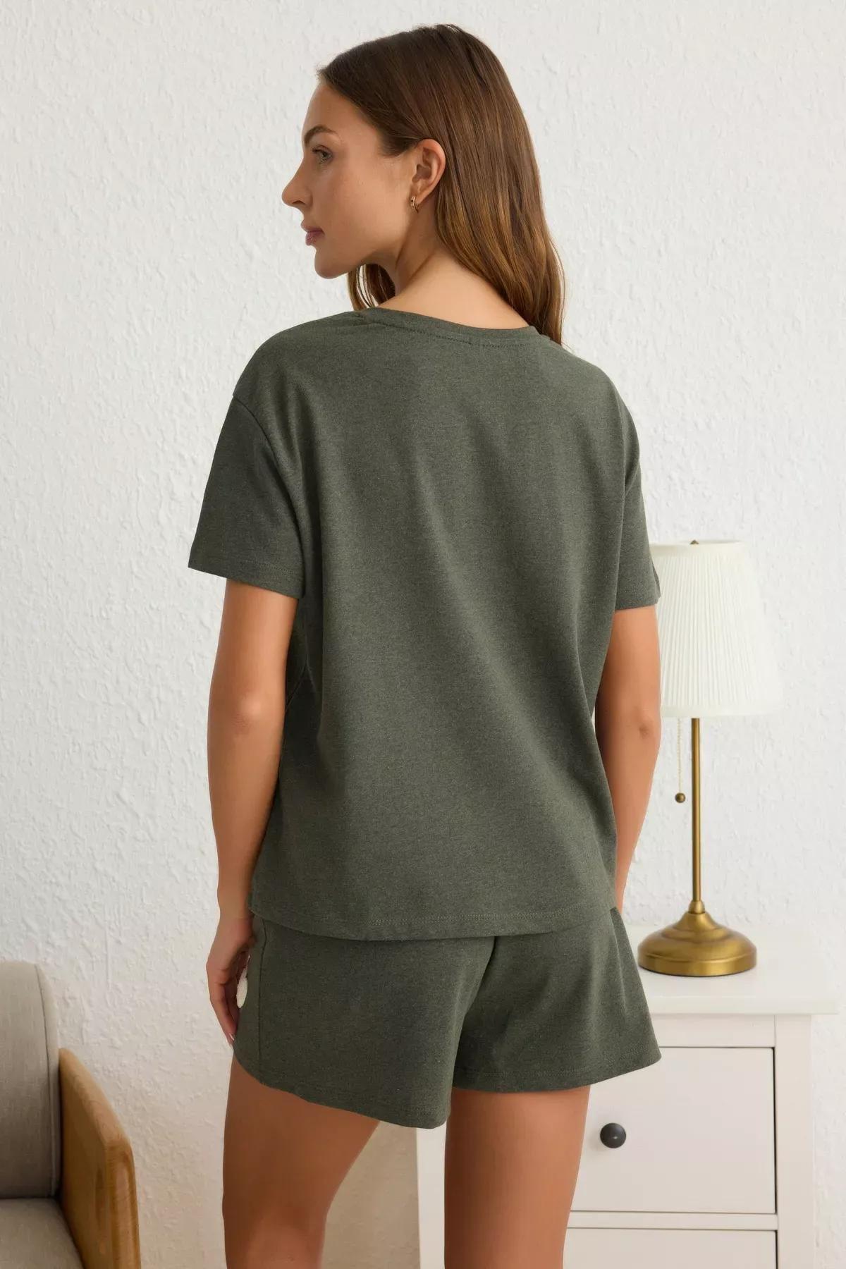 Green Heart Patch Knit Pajama Set, Khaki, large image number 4