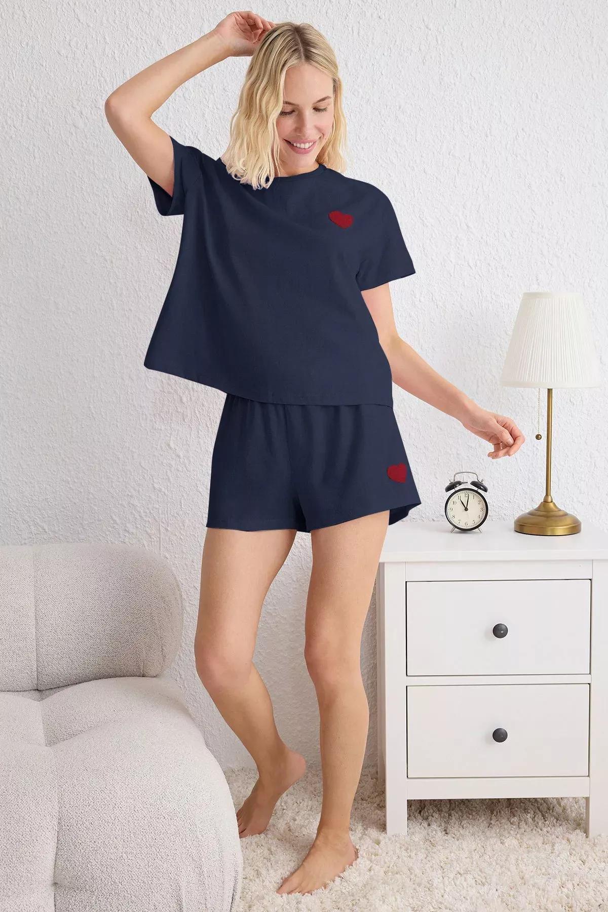 Navy Heart Patched Shorts Pajama Set, , large image number 0