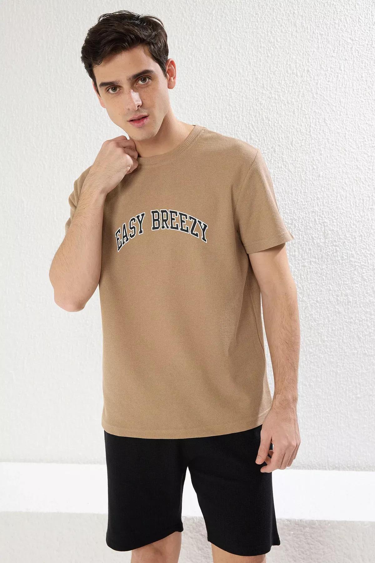 Brown Regular Fit Slogan Waffle Knit Pajama Set, , large image number 1