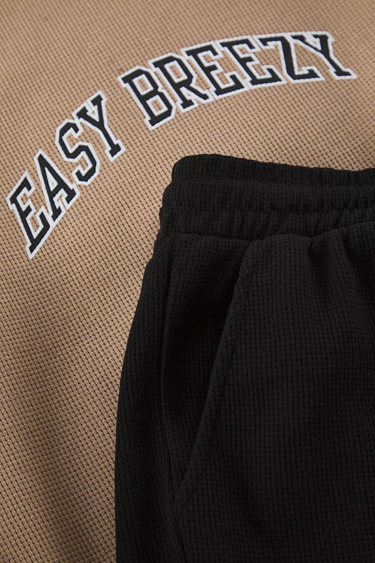 Brown Regular Fit Slogan Waffle Knit Pajama Set, , large image number 5