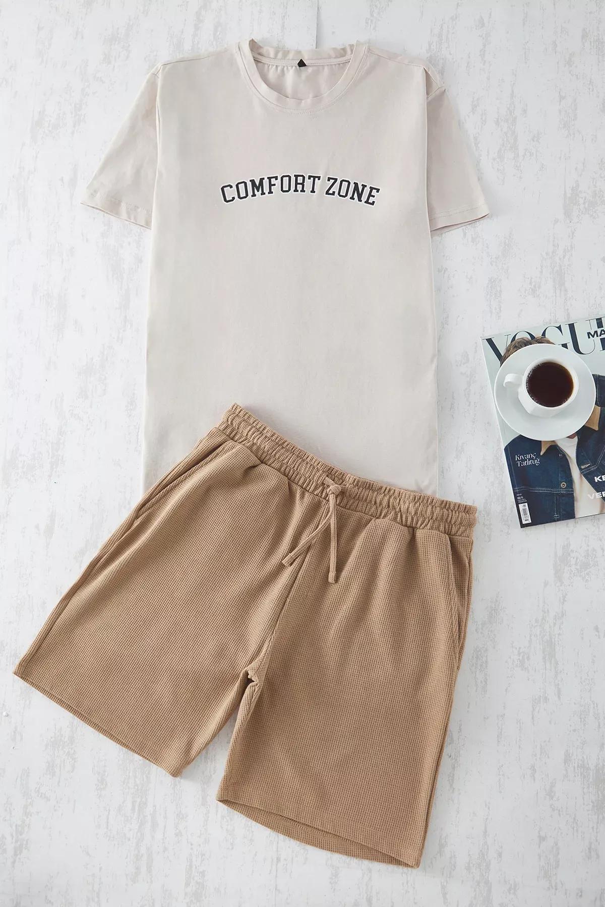 Beige Regular Fit Slogan Printed Pajama Set, , large image number 0