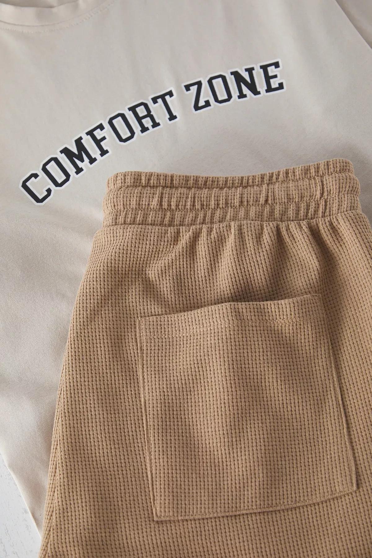 Beige Regular Fit Slogan Printed Pajama Set, , large image number 1