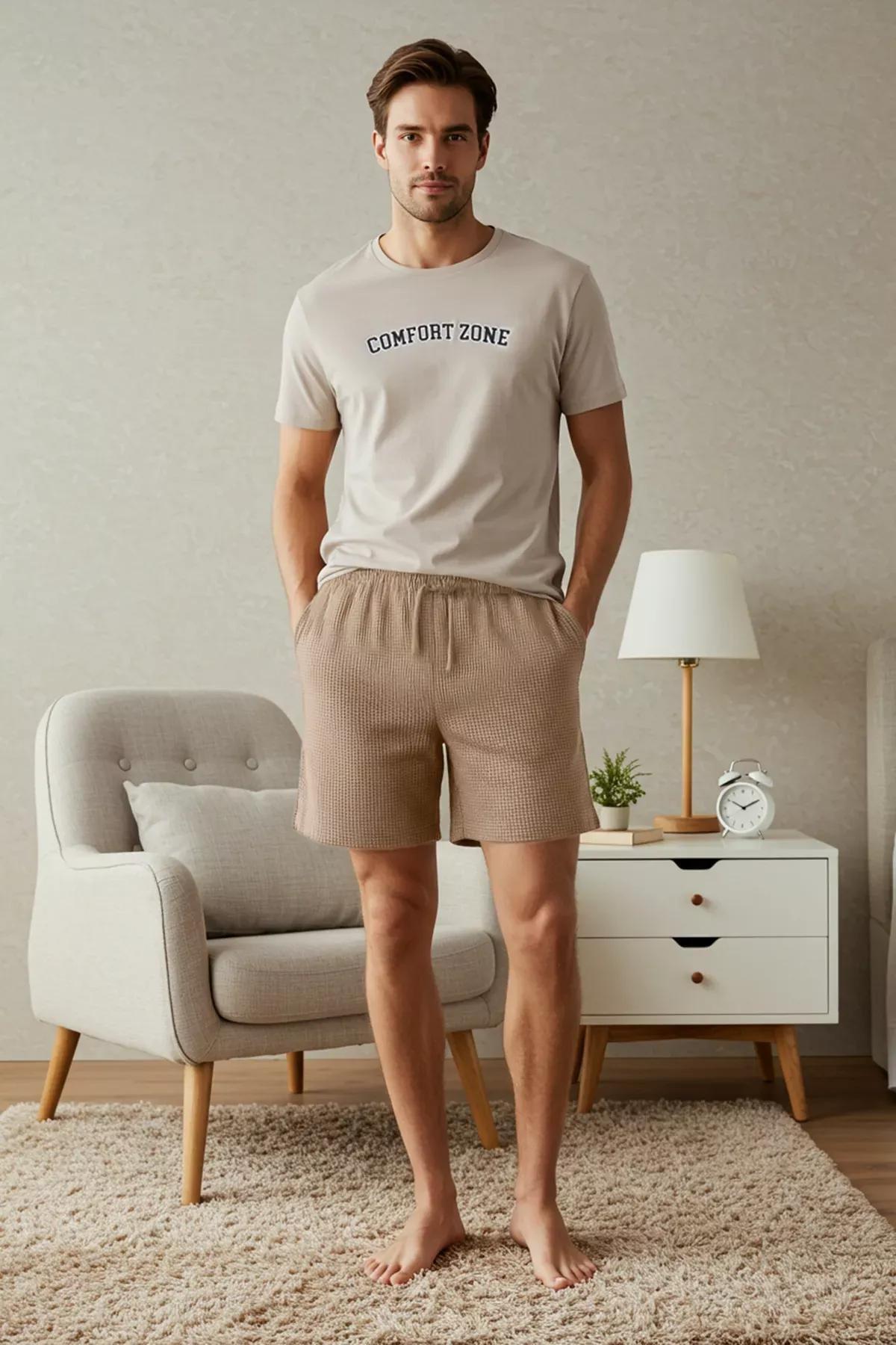 Beige Regular Fit Slogan Printed Pajama Set, , large image number 1