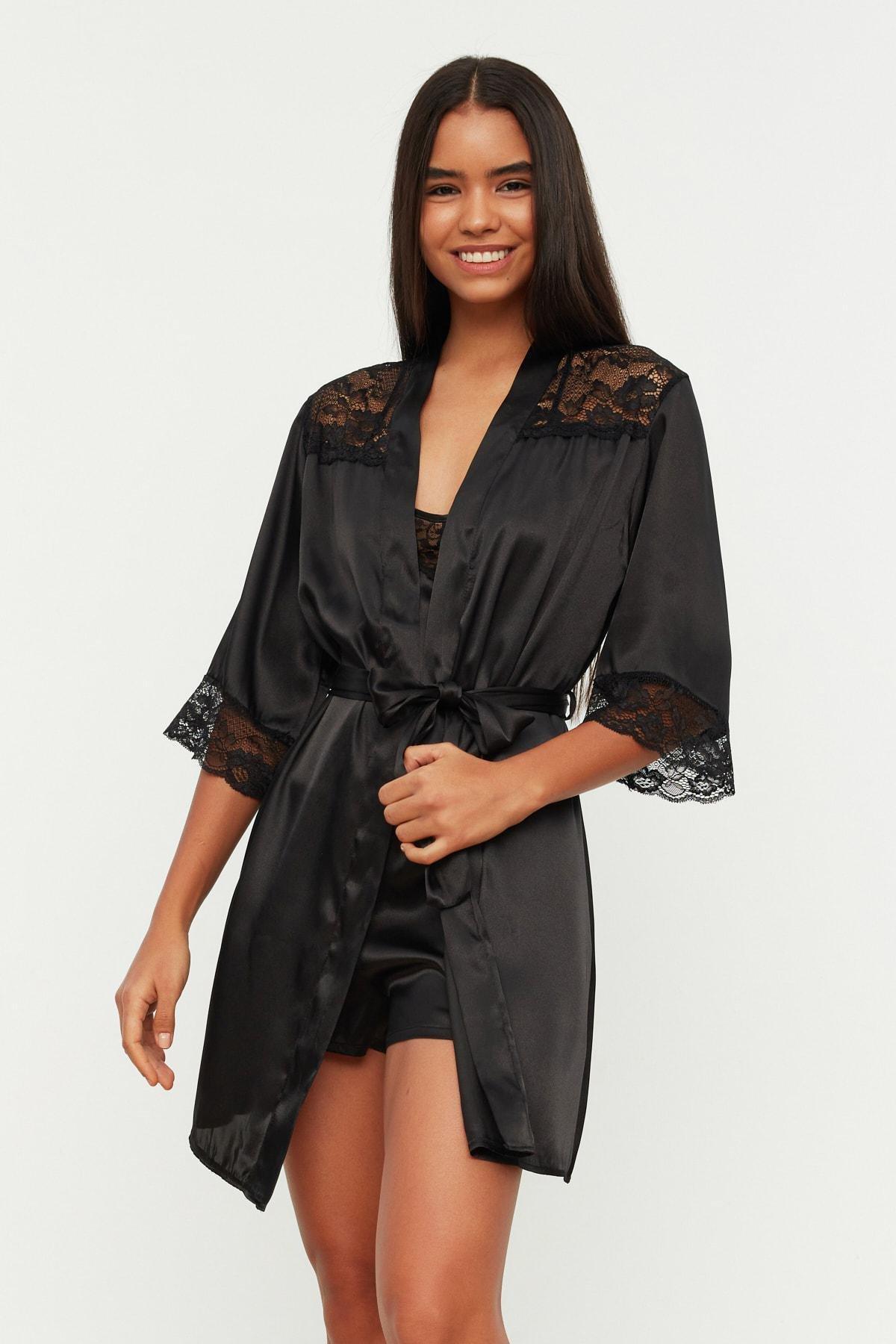 Black Double-Breasted Midi Dressing Gown, , large image number 0