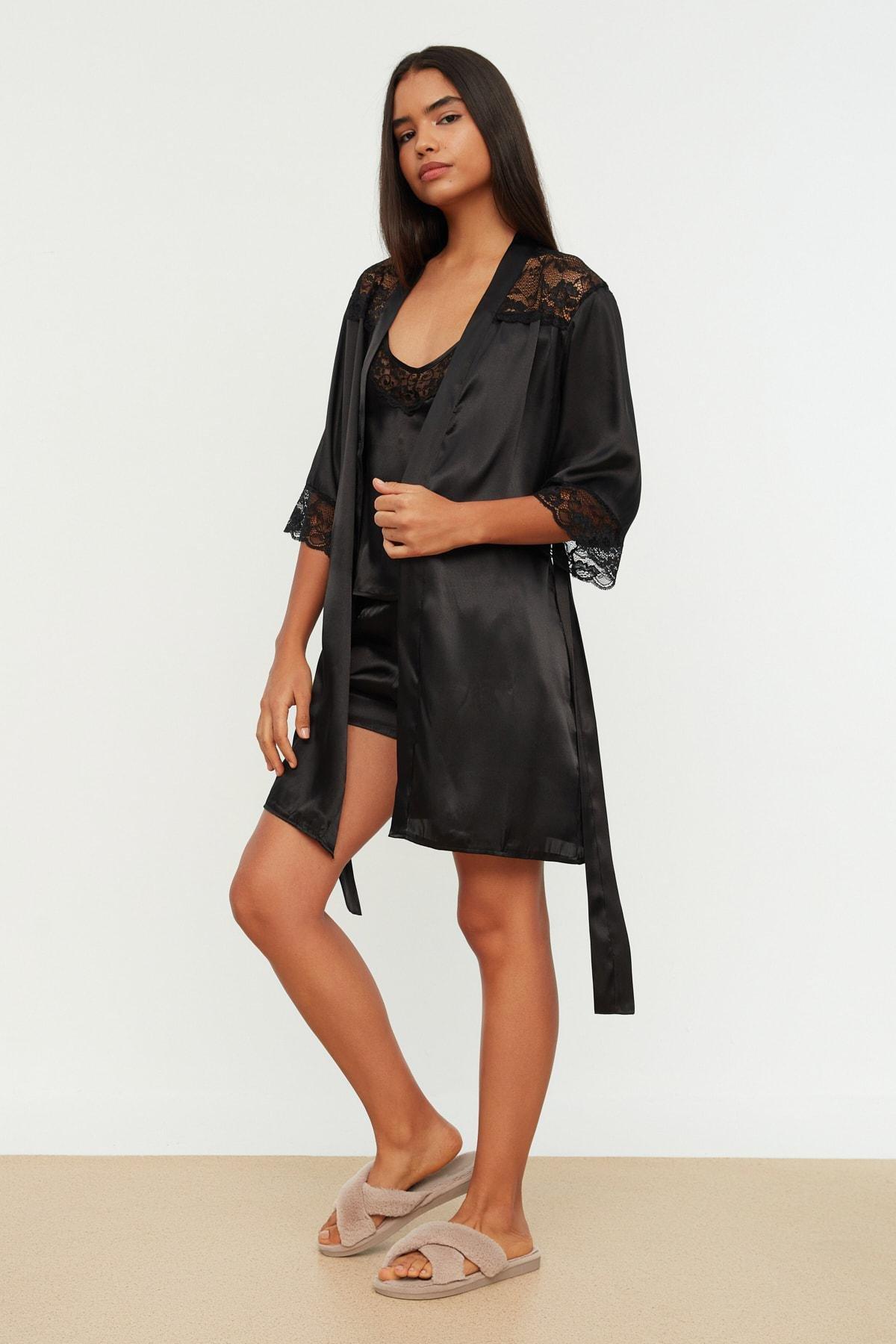 Black Double-Breasted Midi Dressing Gown, , large image number 1
