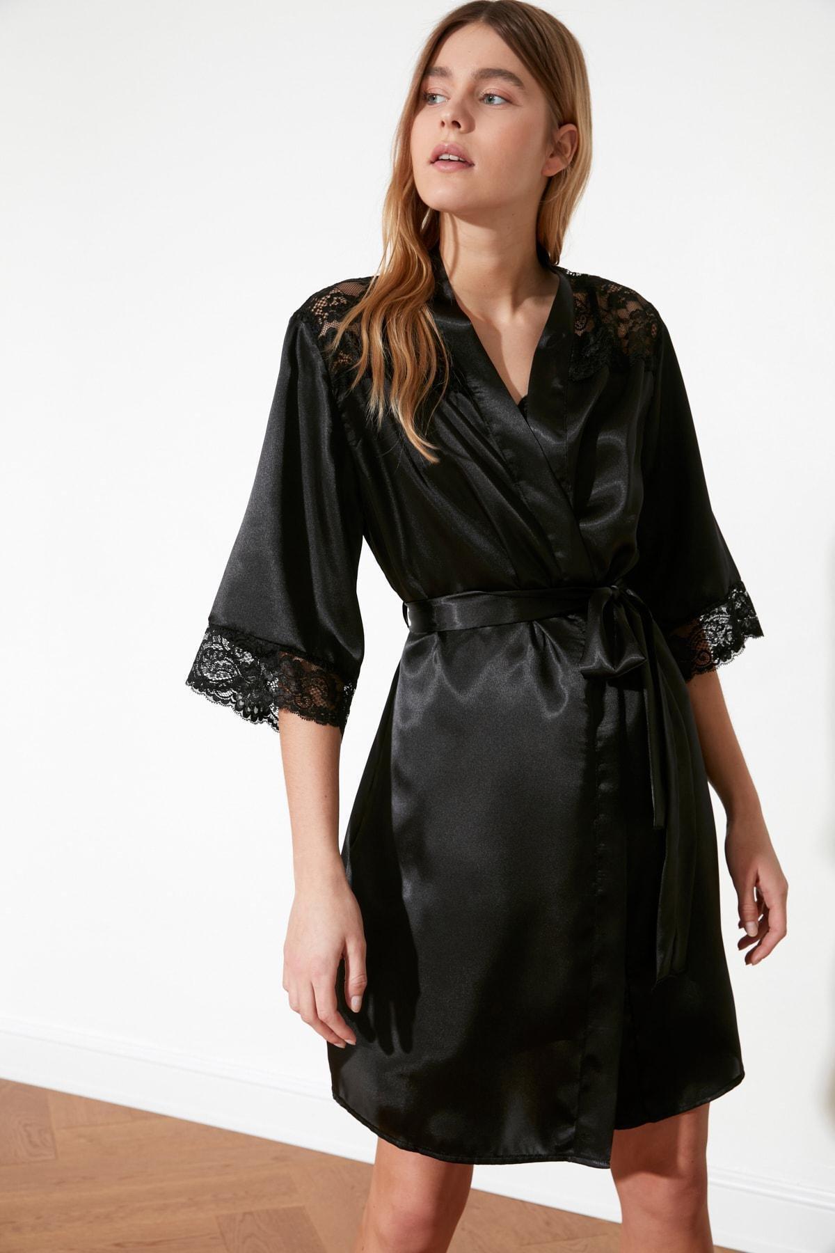 Black Double-Breasted Midi Dressing Gown, , large image number 6