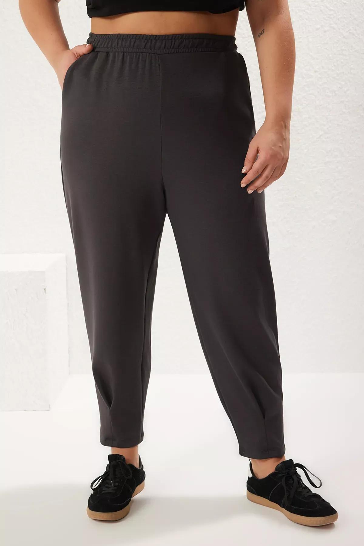 Grey High Waist Flowy Plus-Size  Sweatpants, , large image number 2