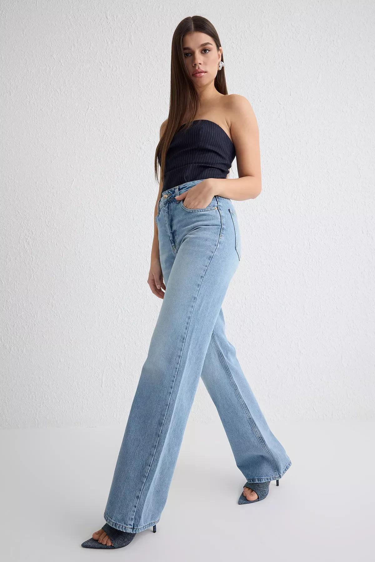 Blue High-Waist Wide Leg Jeans, LIGHT BLUE, large image number 1