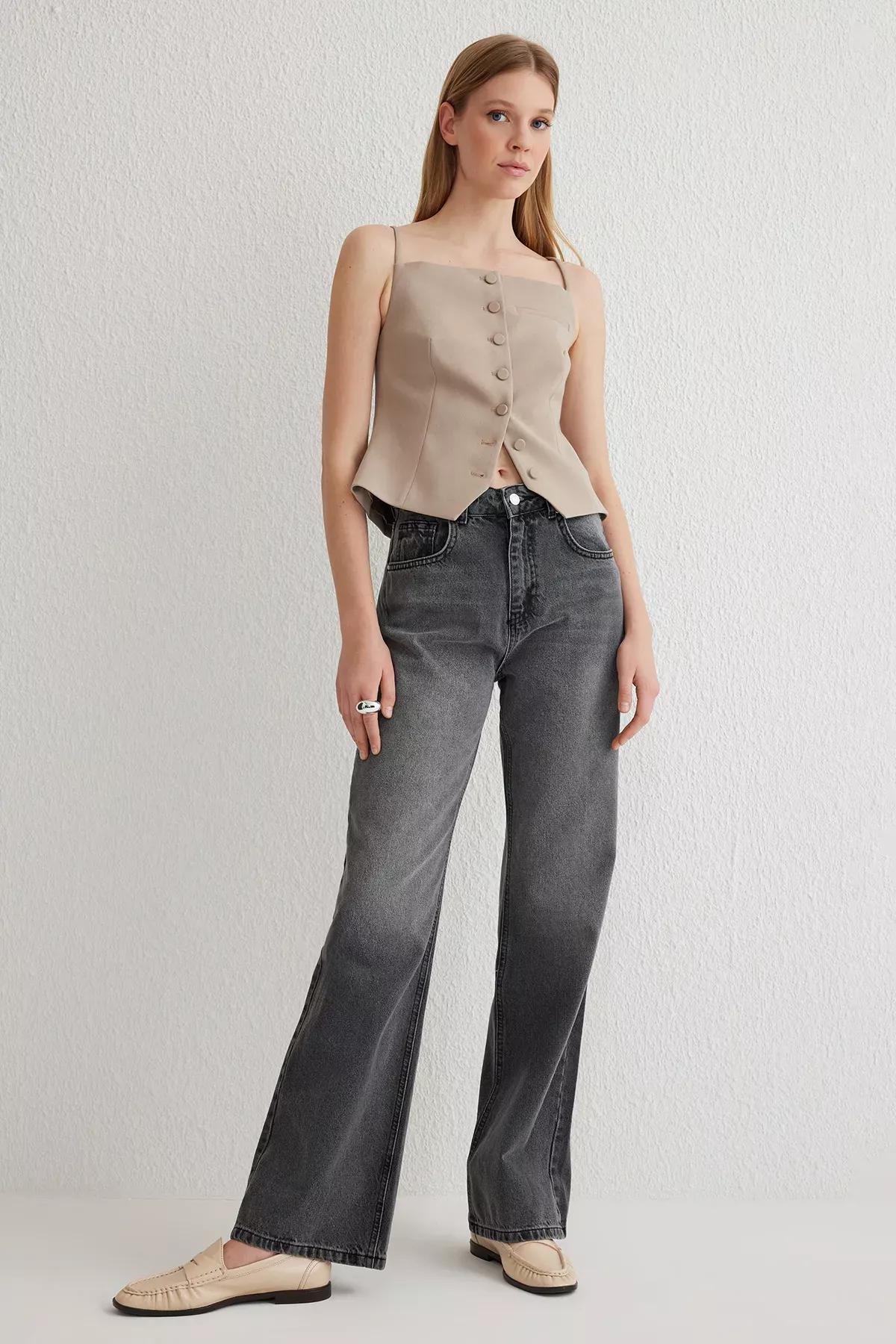 Grey High-Waist Wide Leg Jeans, , large image number 0