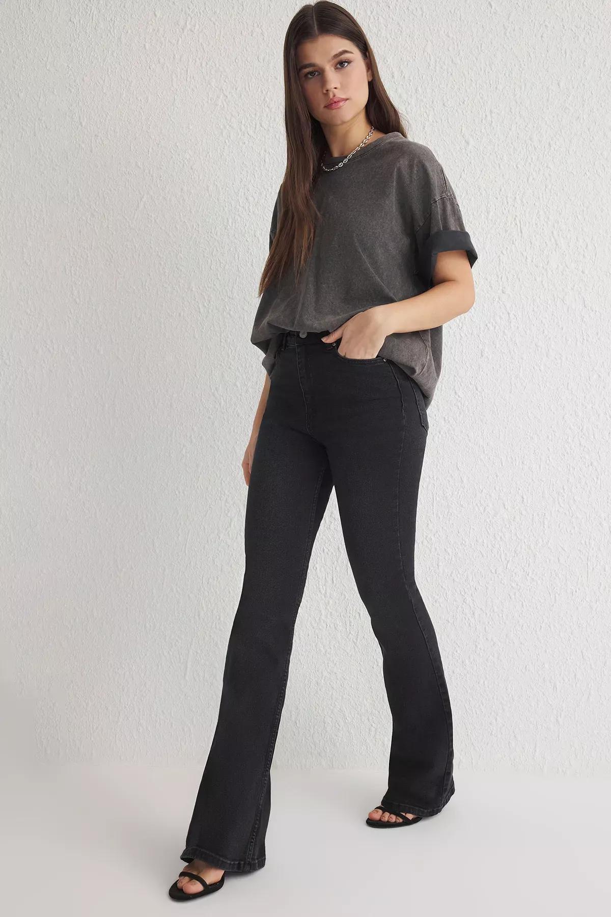 جينز واسع من الأسفل بخصر مرتفع، أسود, , large image number 1