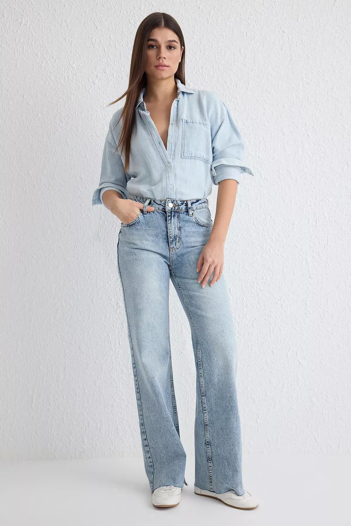 Blue Cut-Out Wide Leg Jeans, , large image number 1