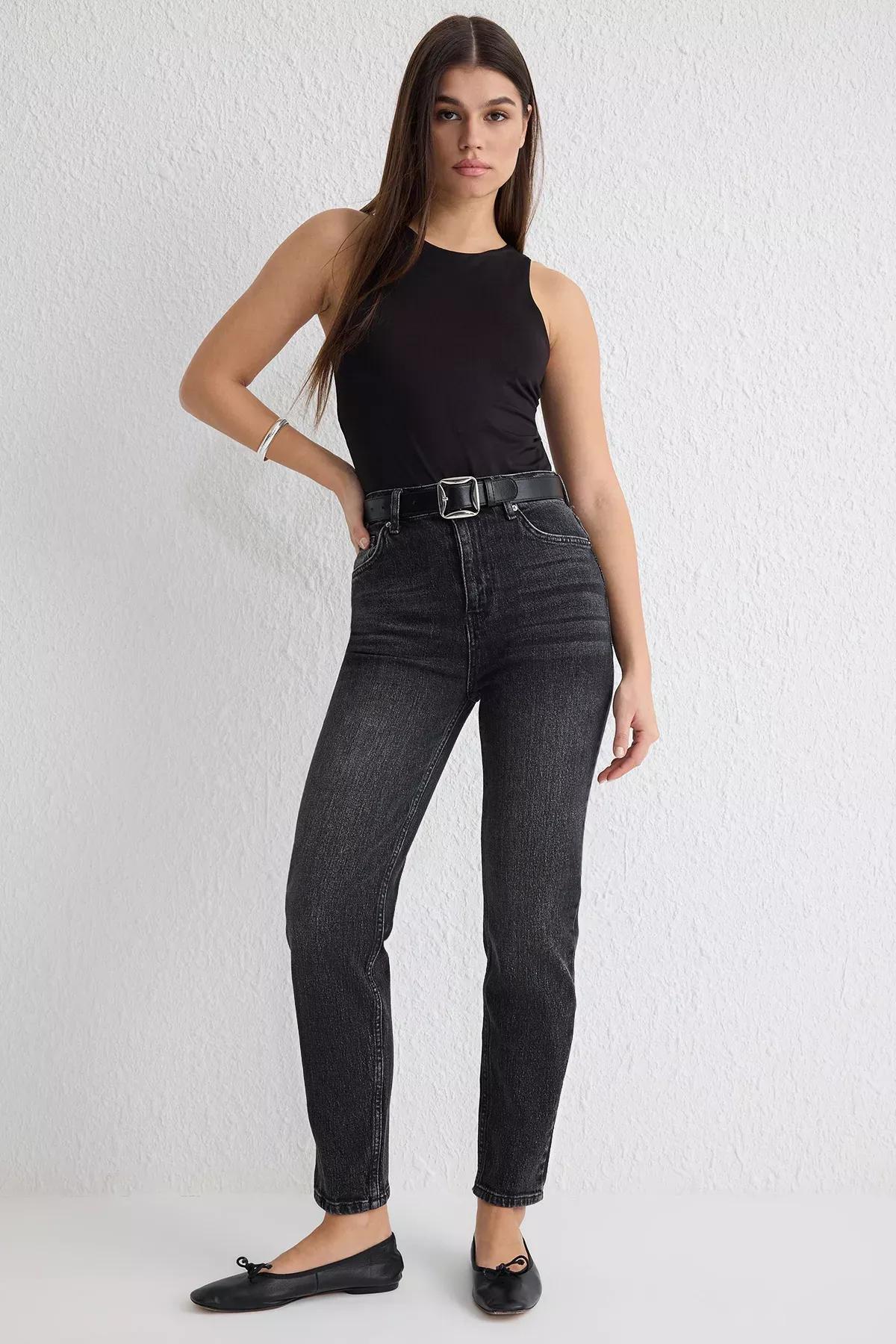 Grey High-Waist Comfort Mom Jeans, , large image number 0