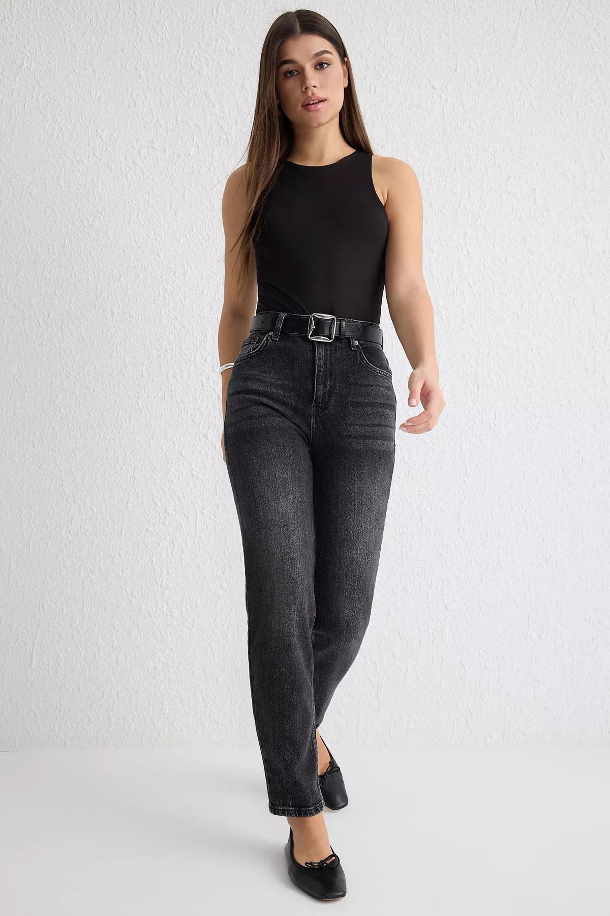 Grey High-Waist Comfort Mom Jeans, , large image number 1