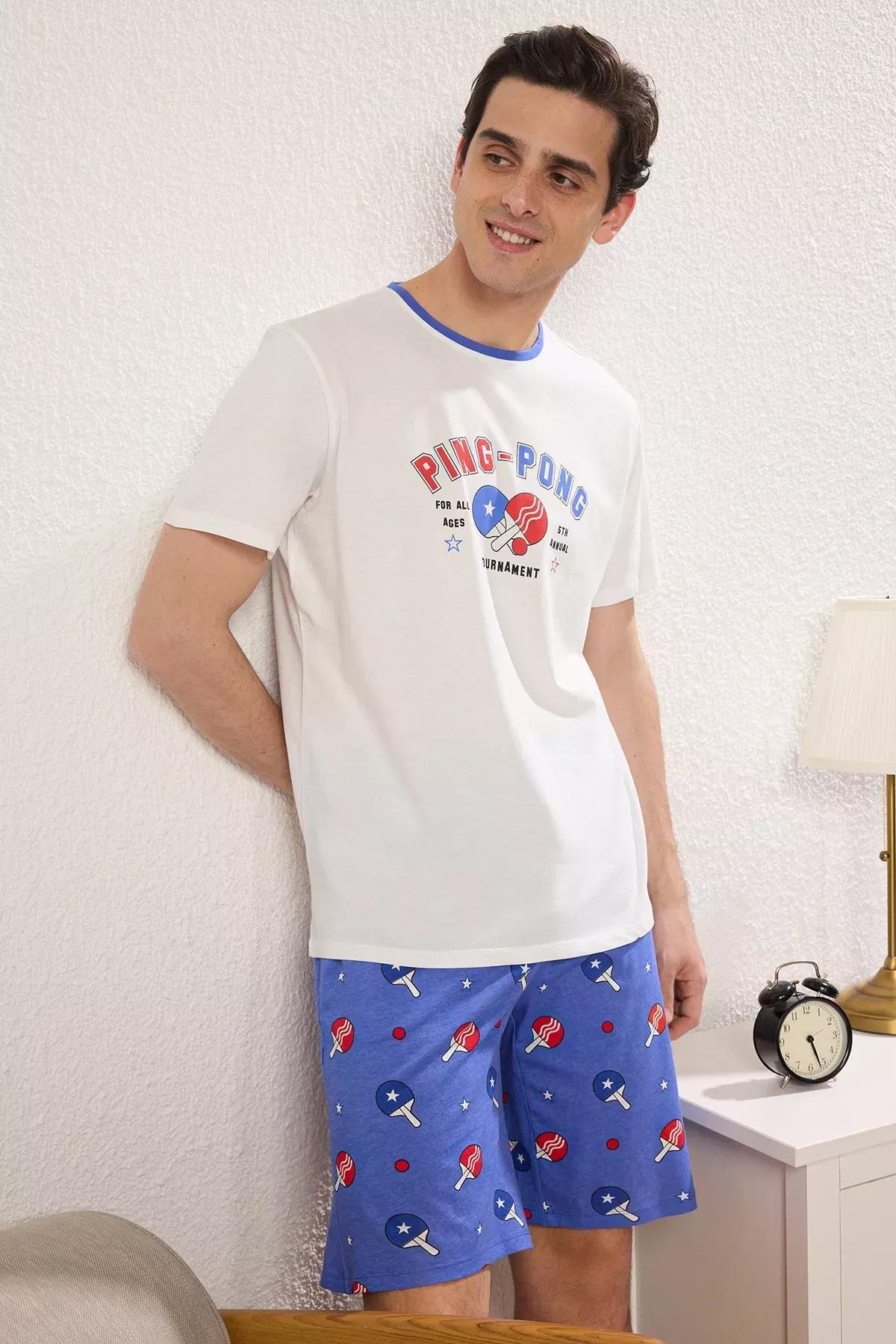 Beige Regular Fit Sports Knitted Pajama Set, Ecru-Blue, large image number 2